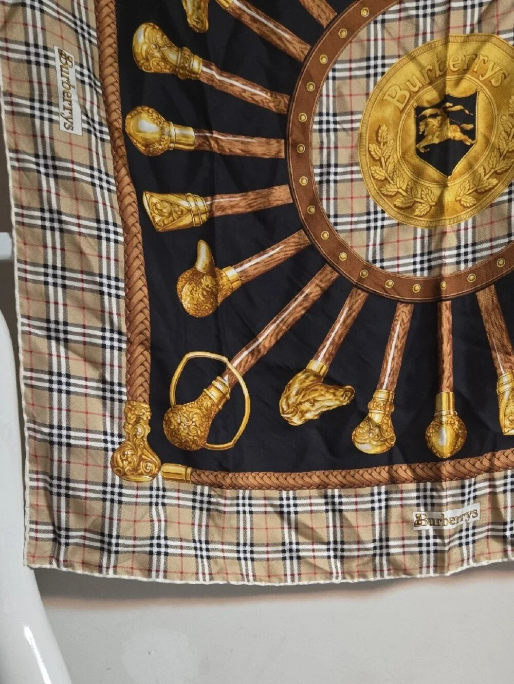 Burberry Black, Beige and Gold Heraldic Medallion Tapestry